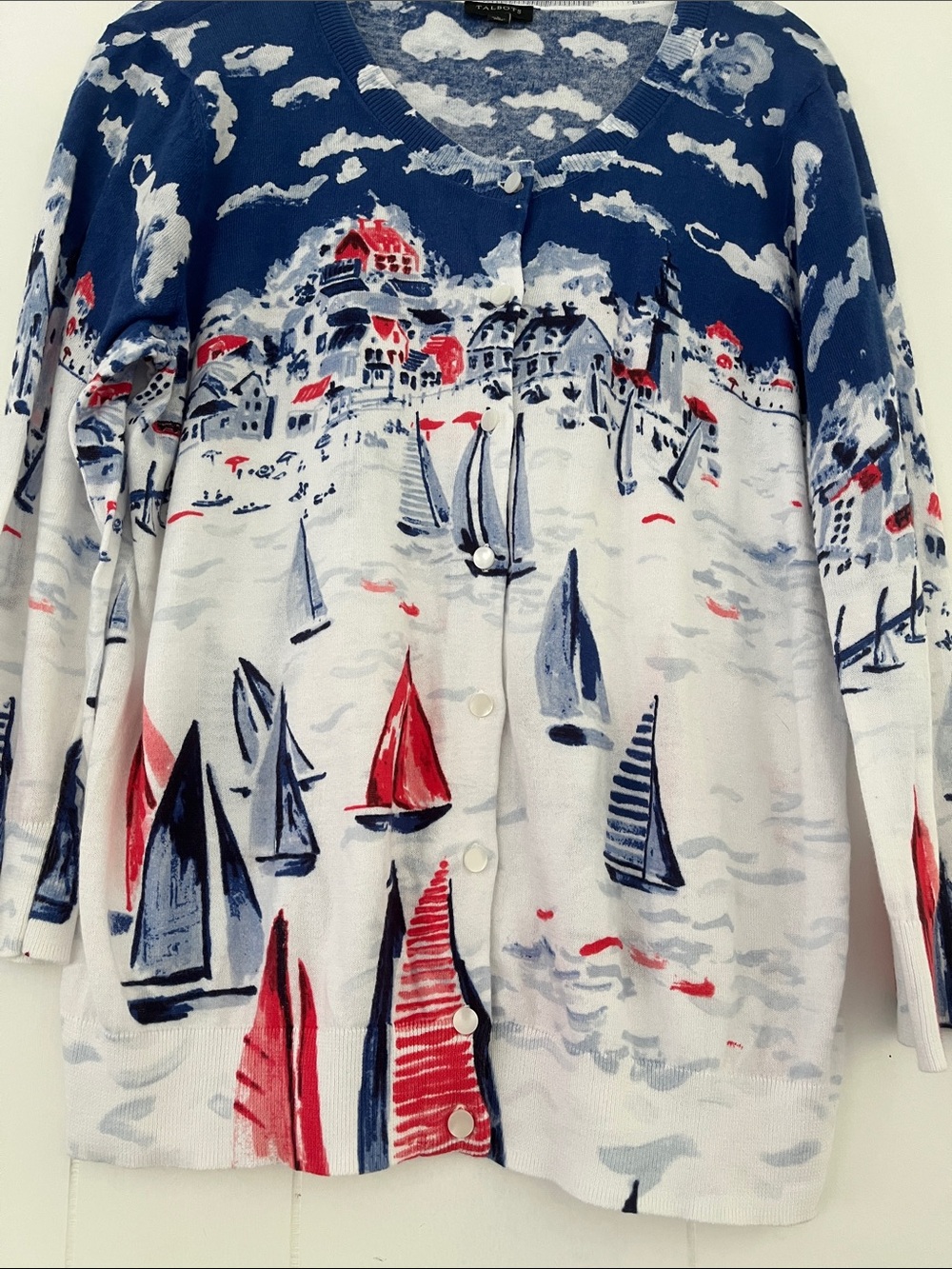 TALBOTS Sailboat Regatta Cotton Cardigan Size Large  Nautical - Picture 12 of 15